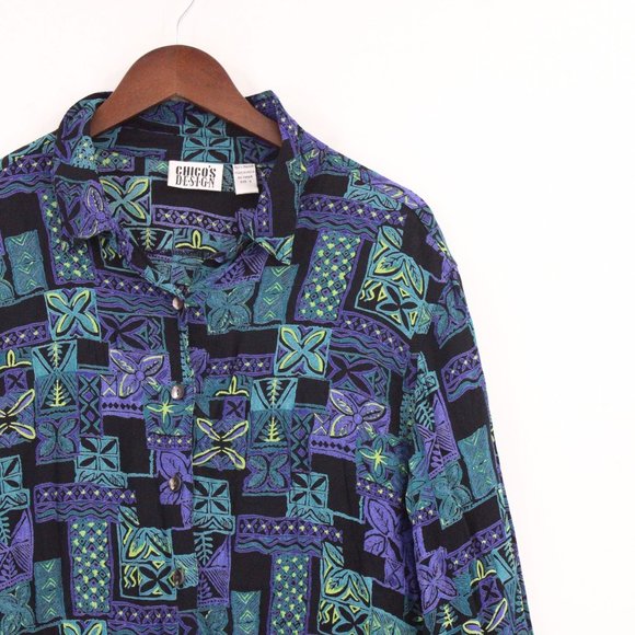 Vintage Chico's Design Shirt Womens Purple Hawaiian Pattern Cropped Retro Size 3 - Picture 2 of 9